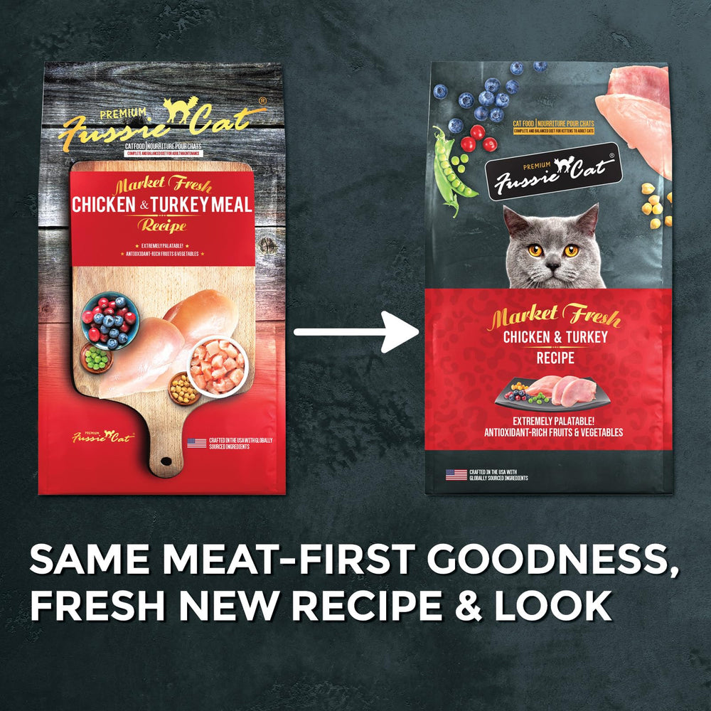 Fussie Cat Market Fresh kibble close-up emphasizes meat-first formula