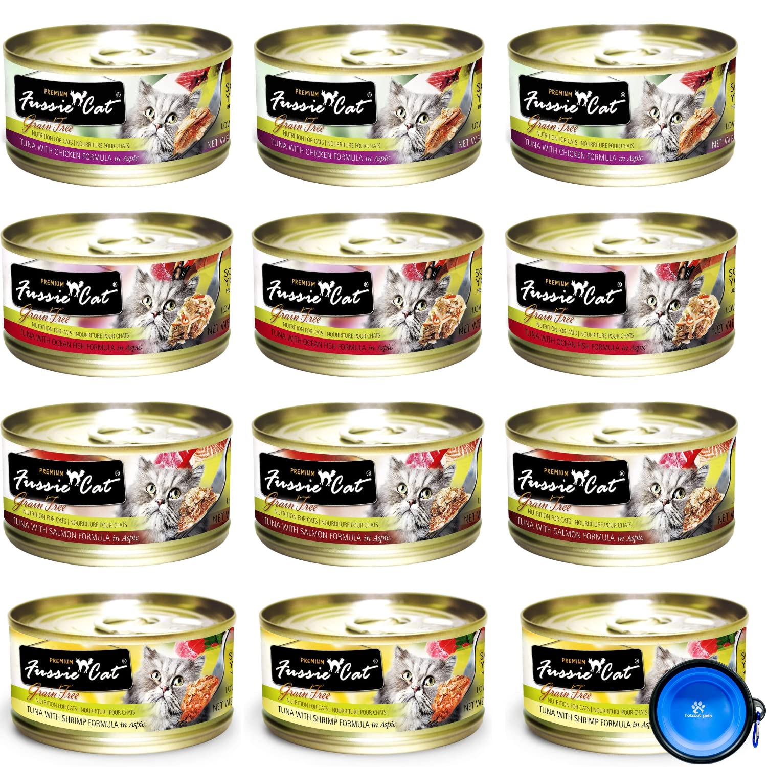 Fussie Cat Premium grain-free canned pack front showing variety for daily meals.
