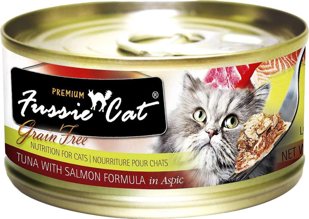 Fussie Cat Premium variety pack flavors in bowls, ideal for picky eaters.