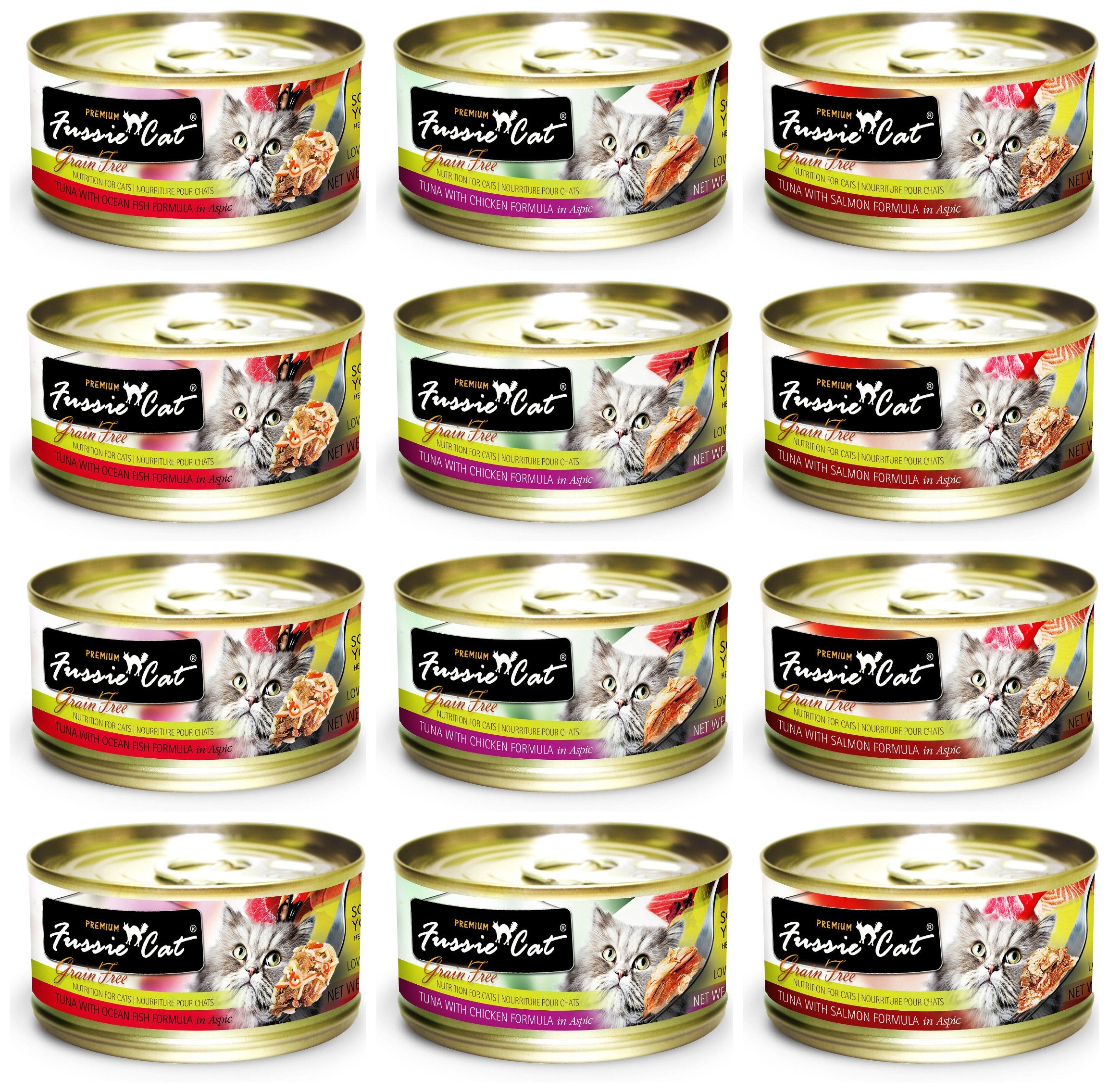 Fussie Cat premium grain-free packaging highlighting quality ingredients