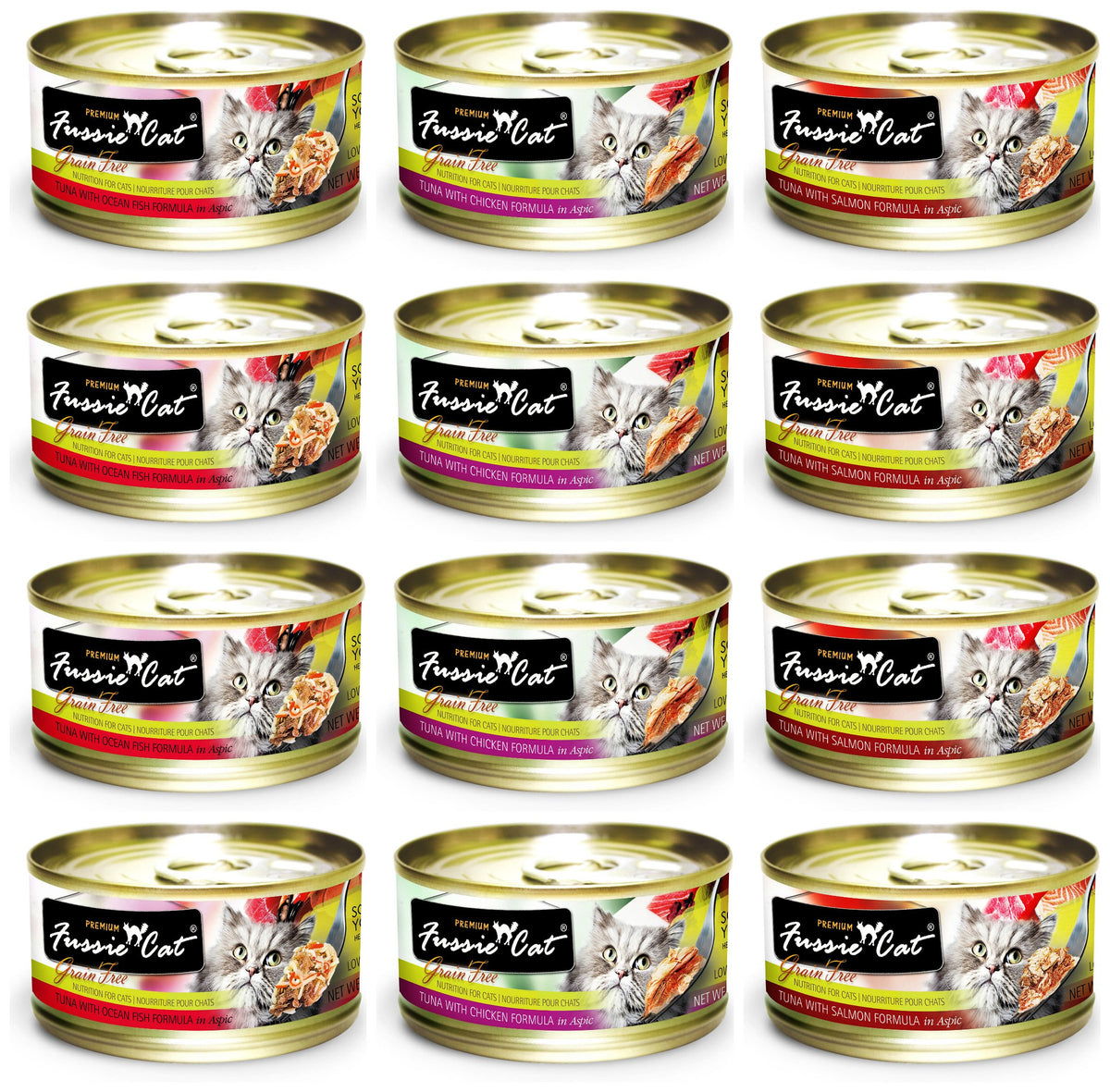 Fussie Cat premium grain-free packaging highlighting quality ingredients