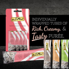 Fussie Cat Premium Puree Flavors Display shows four chicken blends for picky eaters