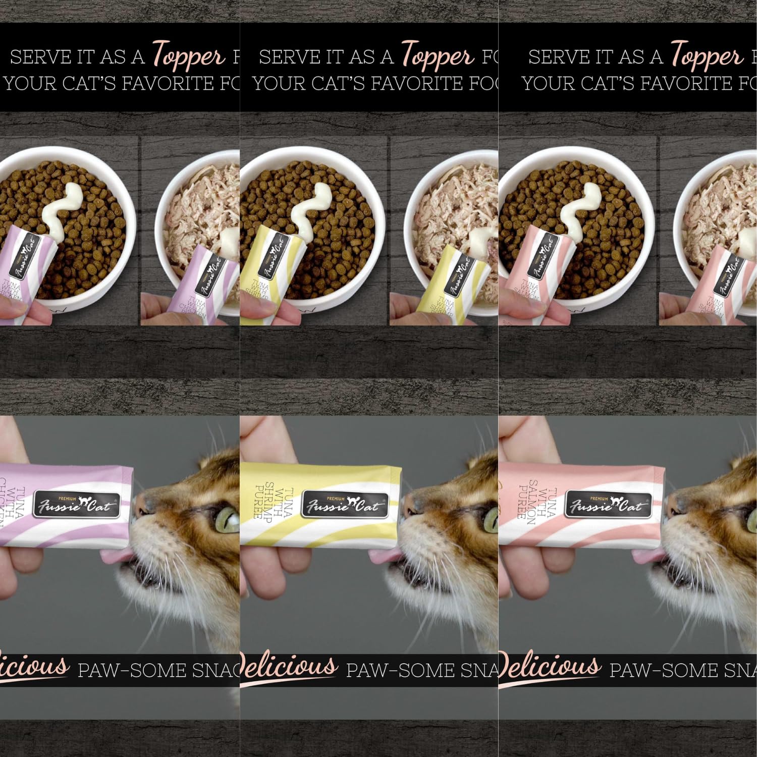 Fussie Cat Premium Puree packaging with lid demonstrates convenient portion control for busy households.