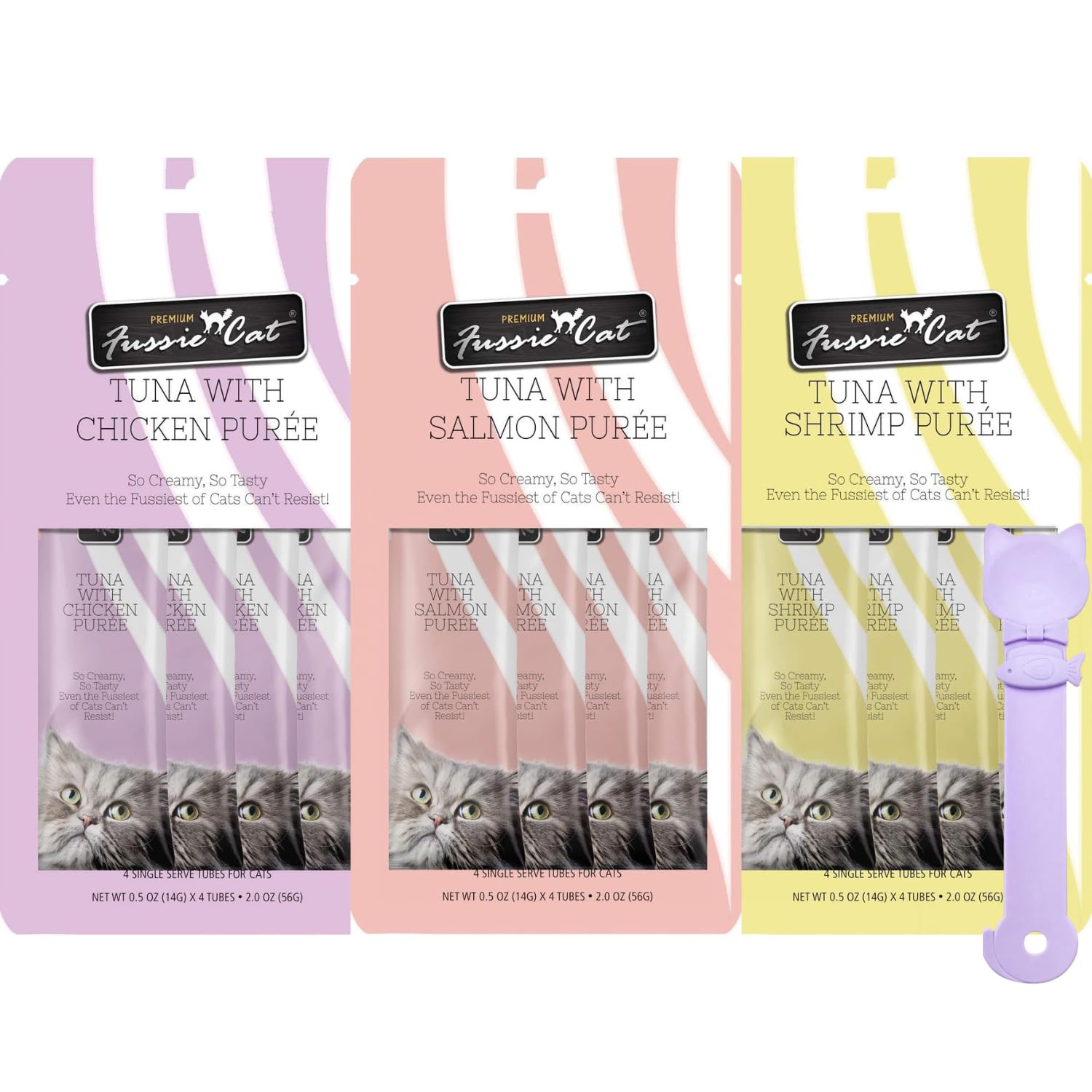 Fussie Cat Premium Puree Tuna Salmon tube close-up shows creamy texture for picky eaters.