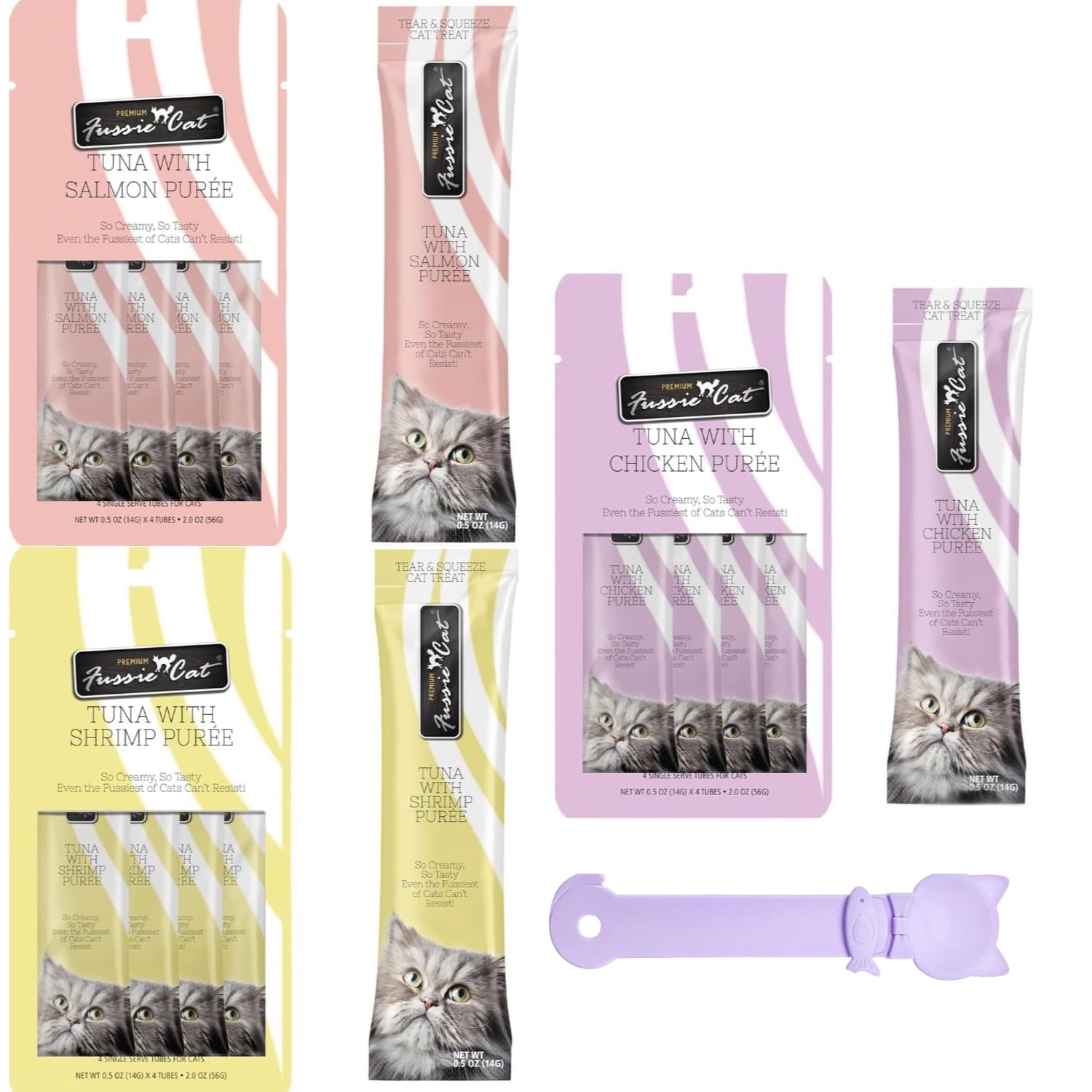 Fussie Cat Premium Puree Tuna Shrimp tube image highlights smooth consistency for training rewards.
