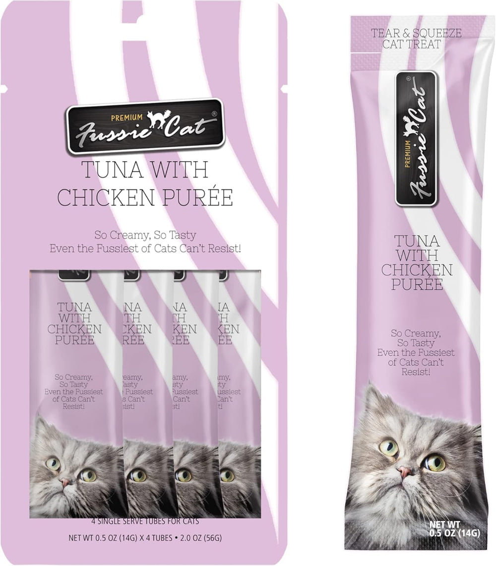 Fussie Cat Premium Puree 3-flavor variety scene highlights the pack's flavor options.