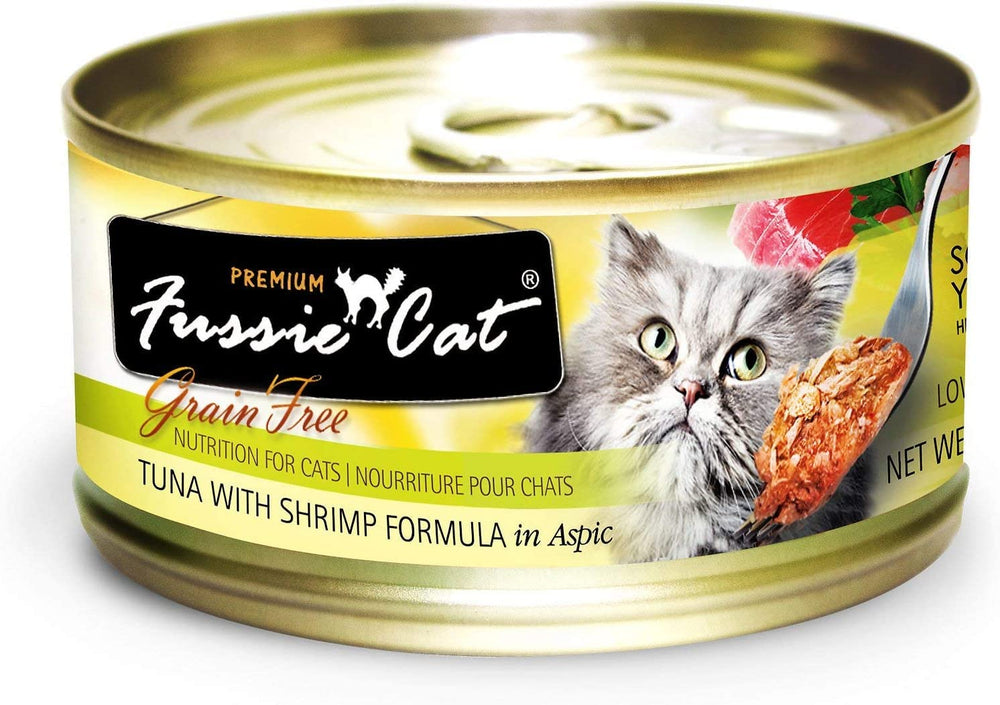 Fussie Cat Premium Tuna Chicken can, lean protein choice for active cats.