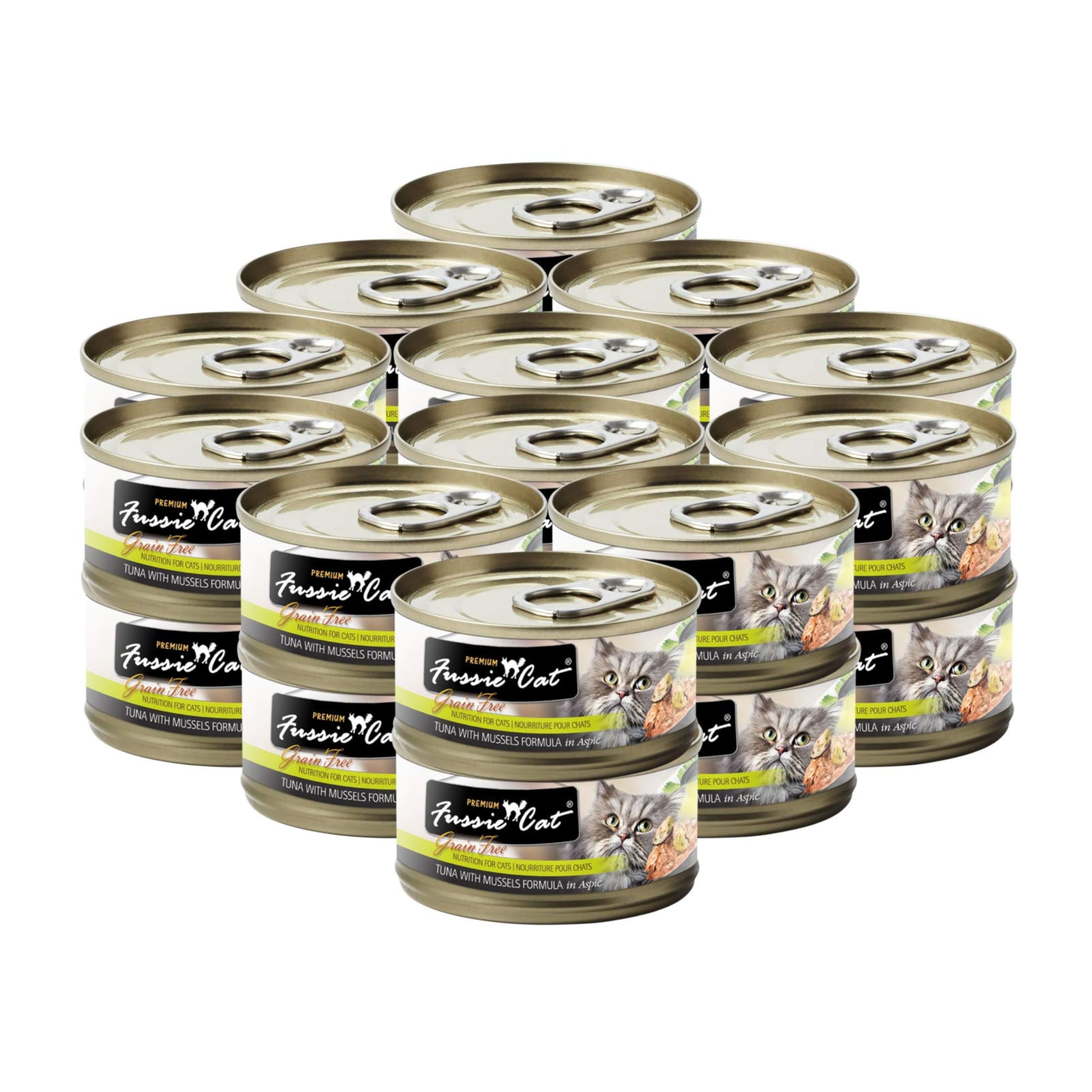 Fussie Cat Premium Tuna with Mussels in Aspic can close-up illustrates quality ingredients for picky eaters.