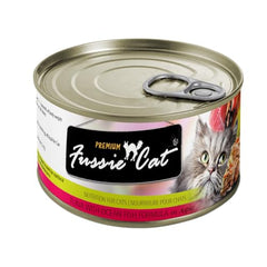 Fussie Cat Premium Tuna with Ocean Fish serving bowl; appetizing texture for picky eaters.