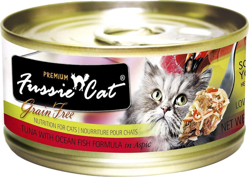 Fussie Cat Premium Tuna Salmon can, omega-rich nutrition for coat health.