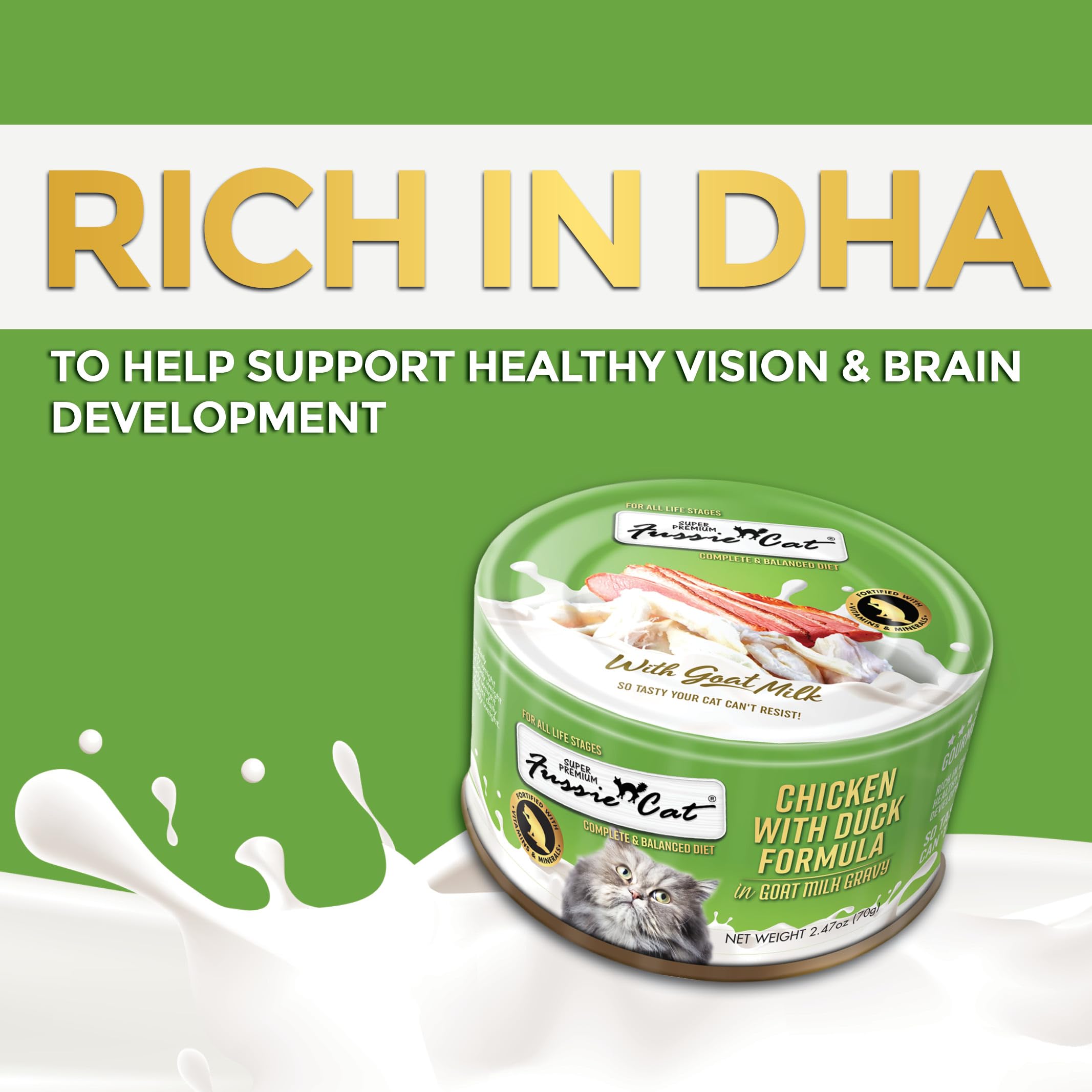 Fussie Cat taurine-rich formula hints at heart and vision support through nutrition.