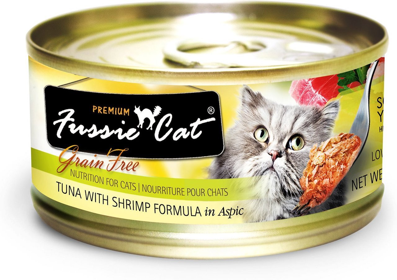 Fussie Cat tuna and shrimp can for cats; protein-rich meal for active cats.