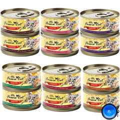 Fussie Cat variety-pack cans show six flavors for variety and palatability.