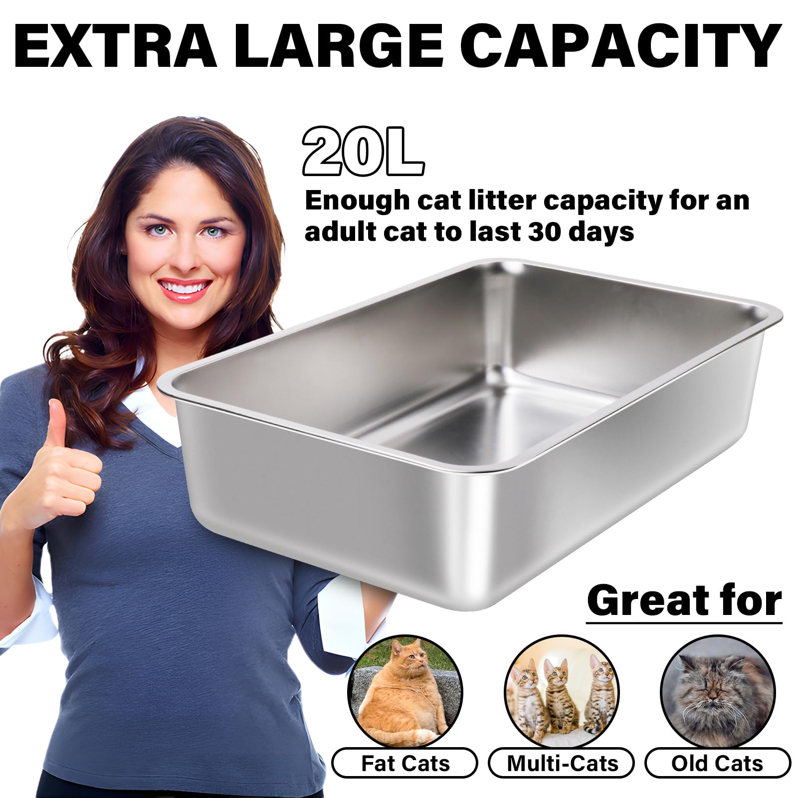 FUTAM stainless steel litter box 2-pack closeup non-stick surface for easy cleaning.