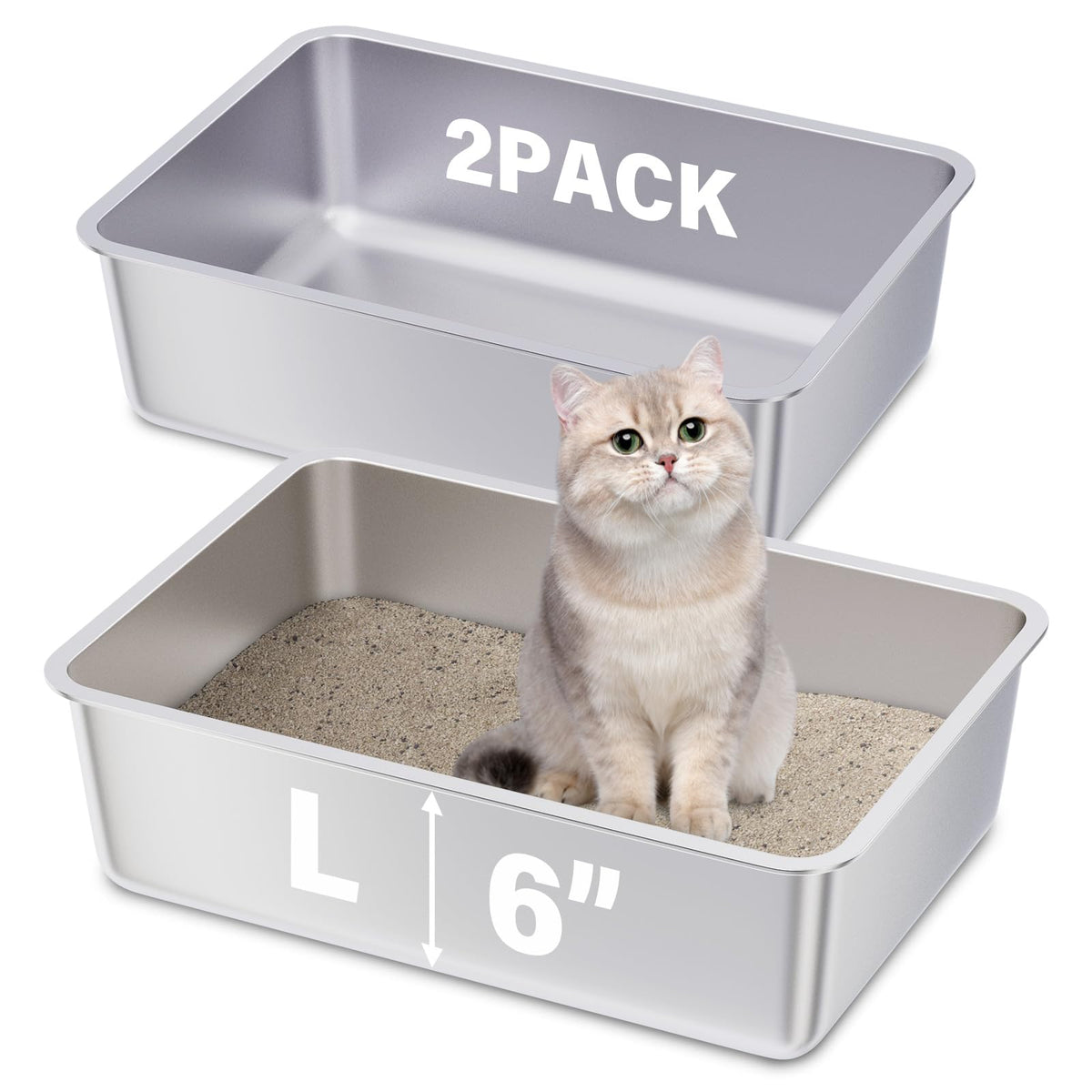 FUTAM stainless steel litter box 2-pack overview highlighting durability.
