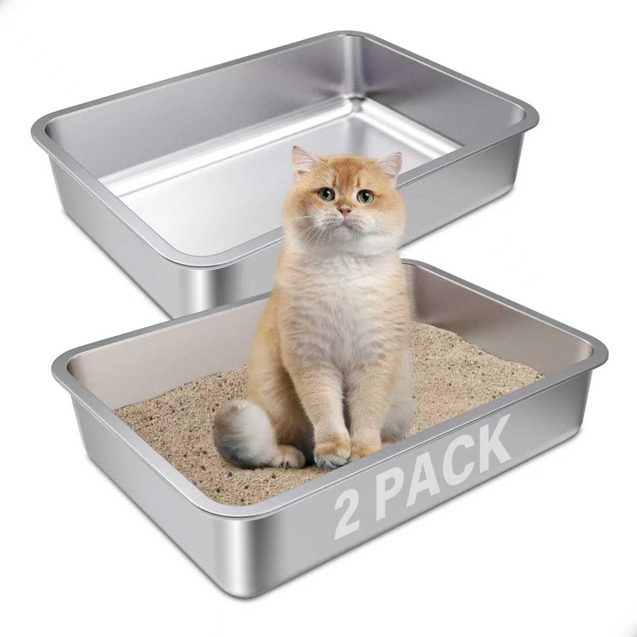 FUTAM stainless steel litter box with easy-entry design for kittens.