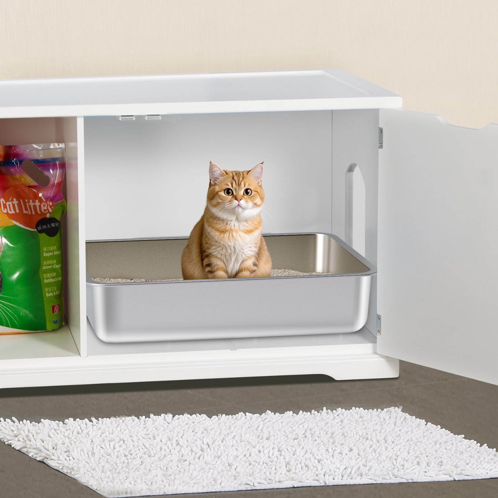 FUTAM low-profile litter box fits into enclosures or furniture.