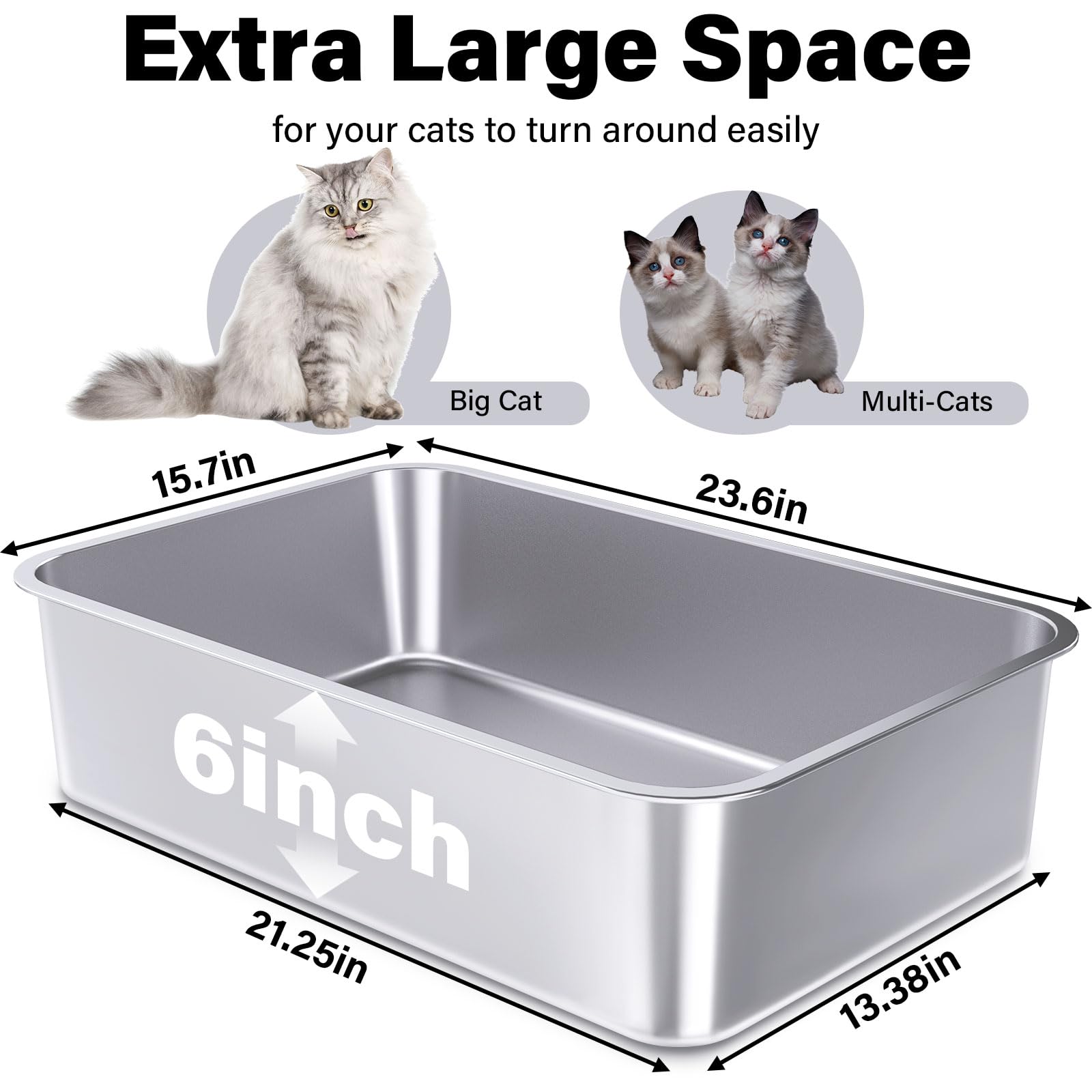 FUTAM stainless steel litter box high sides prevent litter scatter during use.