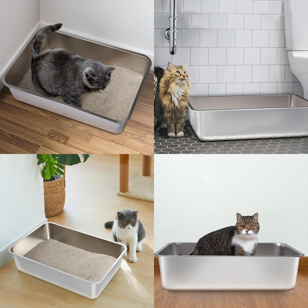 FUTAM stainless steel litter box two-pack tidy setup.