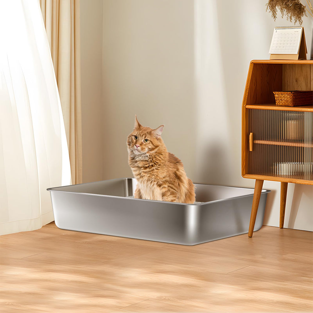 FUTAM stainless steel litter box high sides prevent litter scatter during use