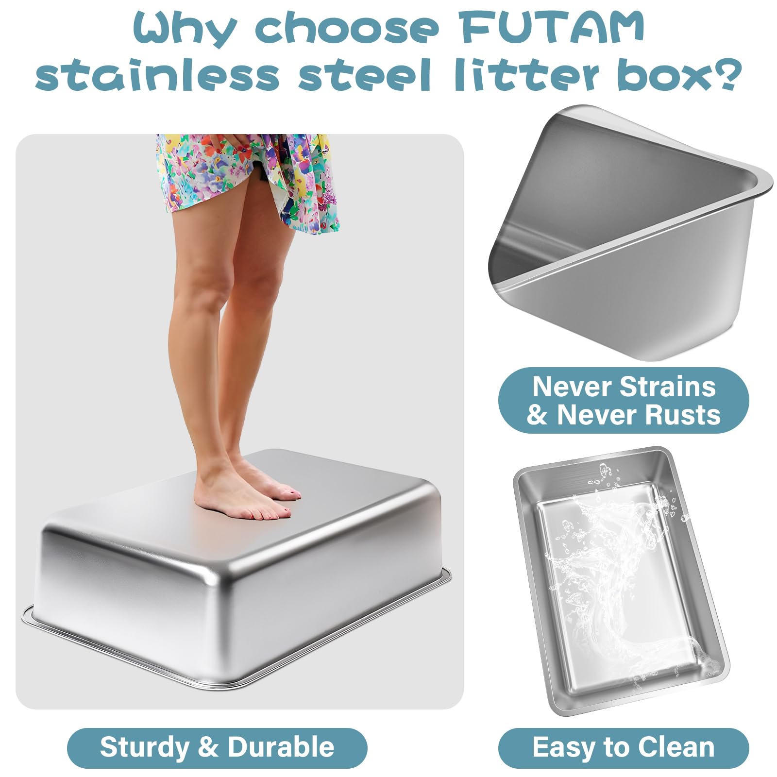 FUTAM XXL stainless steel litter box side angle showing tall walls.