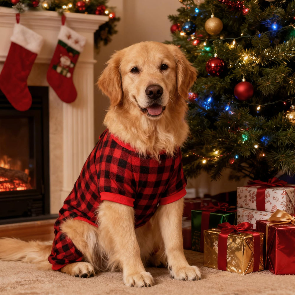 FUTERLY dog Christmas pajamas shown at home for a party-ready look