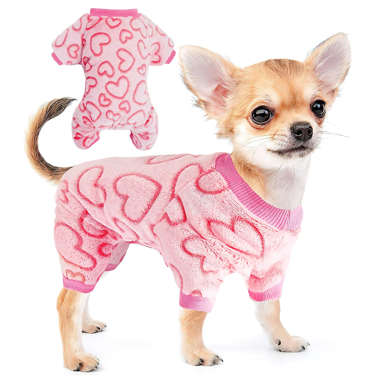 Futerly dog pajamas with heart pattern in pink for cozy, party-ready small dogs.