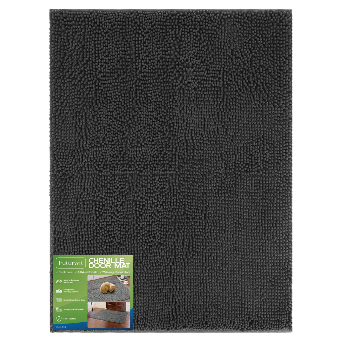 Futurwit dog door mat chenille closeup shows plush absorbent fibers for muddy paws