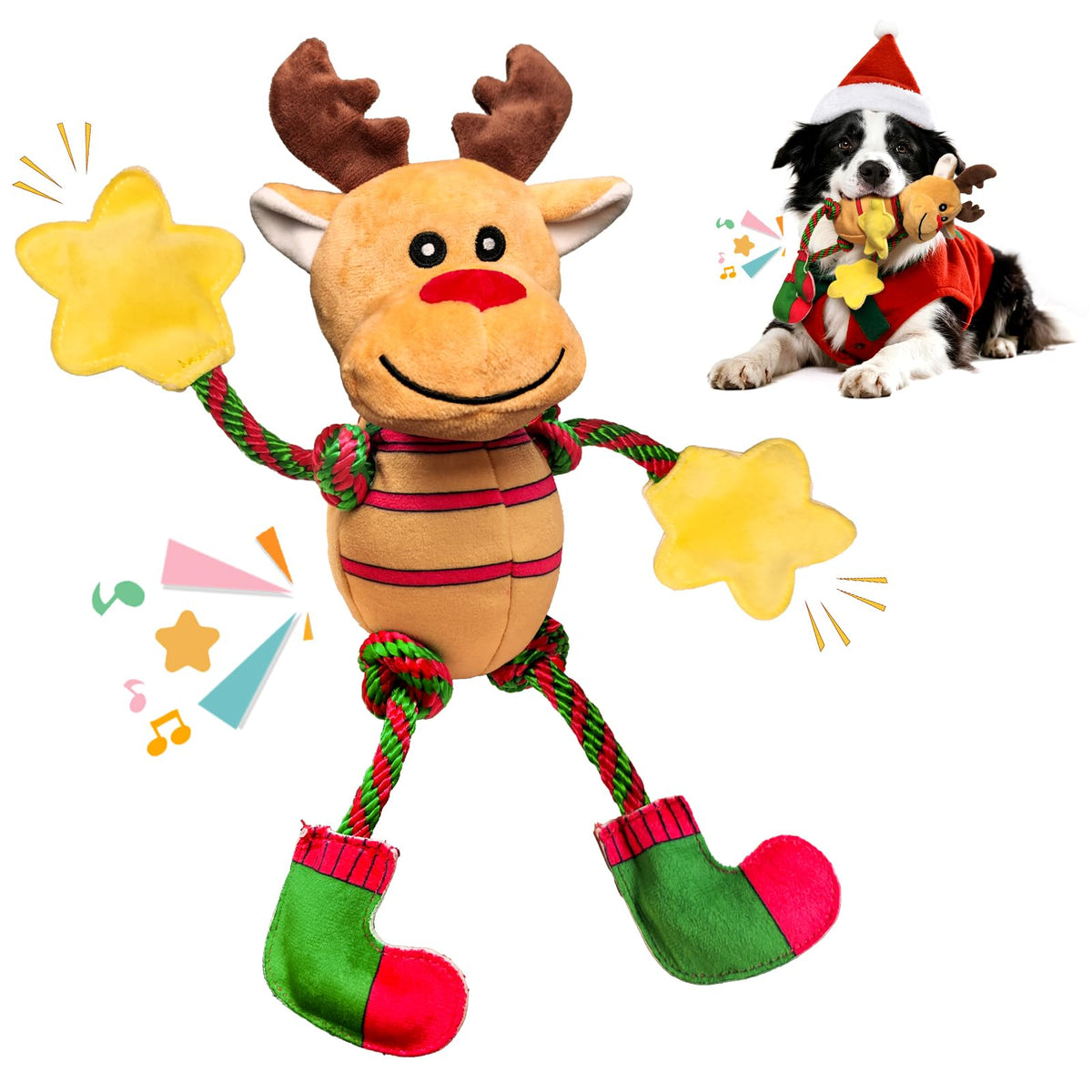 Fuufome Christmas reindeer tug toy in festive colors for interactive tug-of-war play