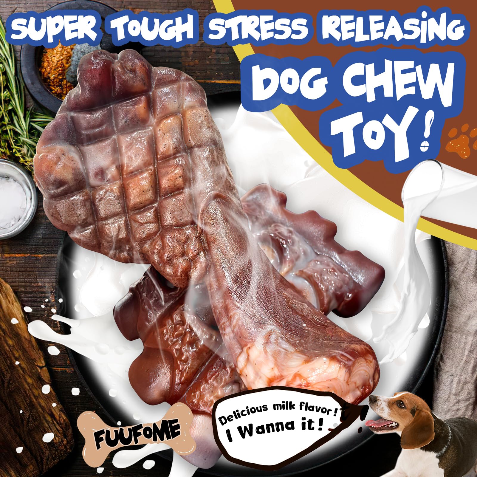 Fuufome pork-chop chew toy side view showcases durable design for long chewing sessions