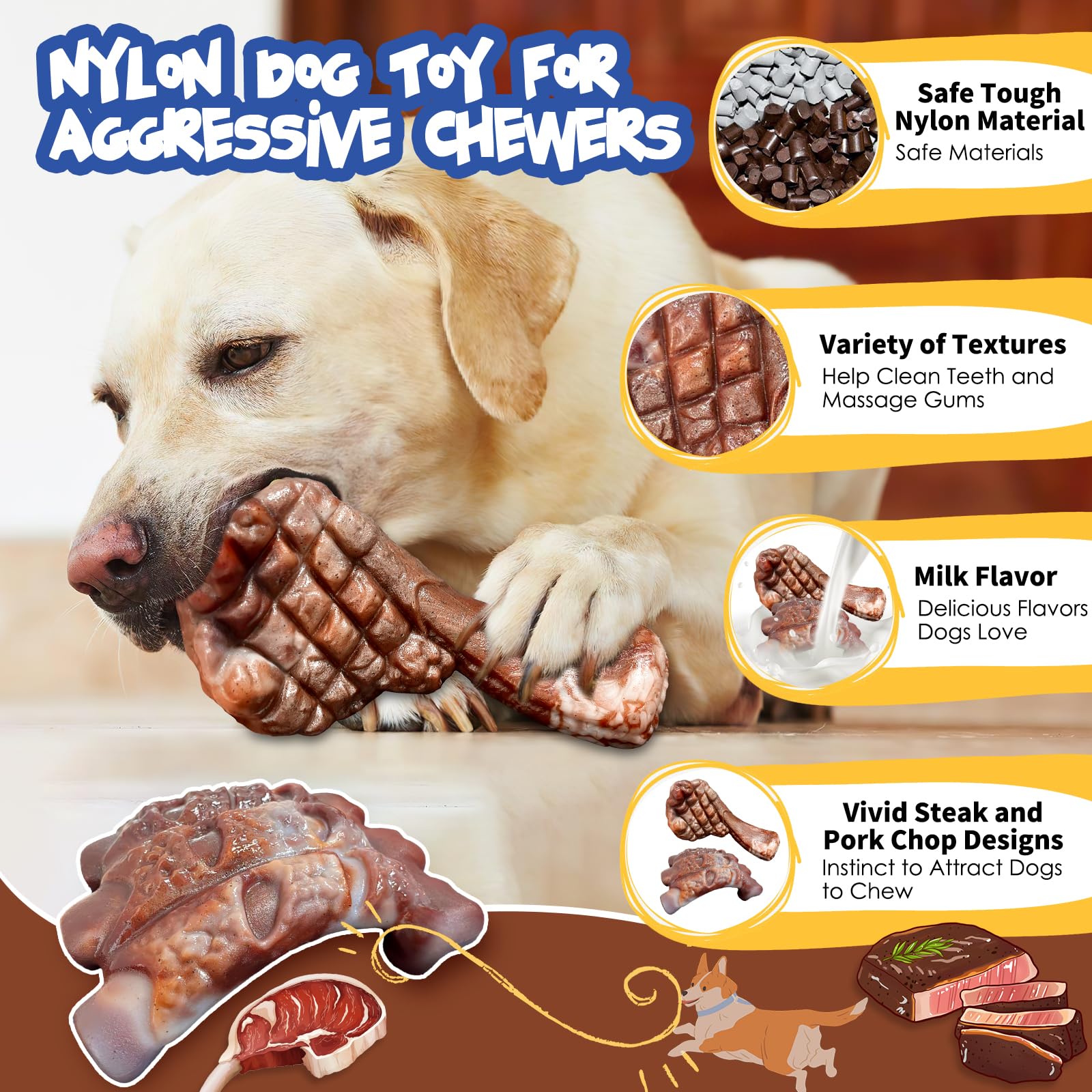 Fuufome steak chew toy front view encourages play and dental-friendly chewing