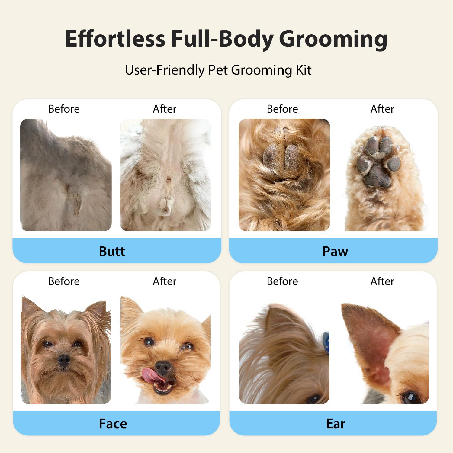 FuzzyFix cordless design with fast Type-C charging for multi-pet grooming.
