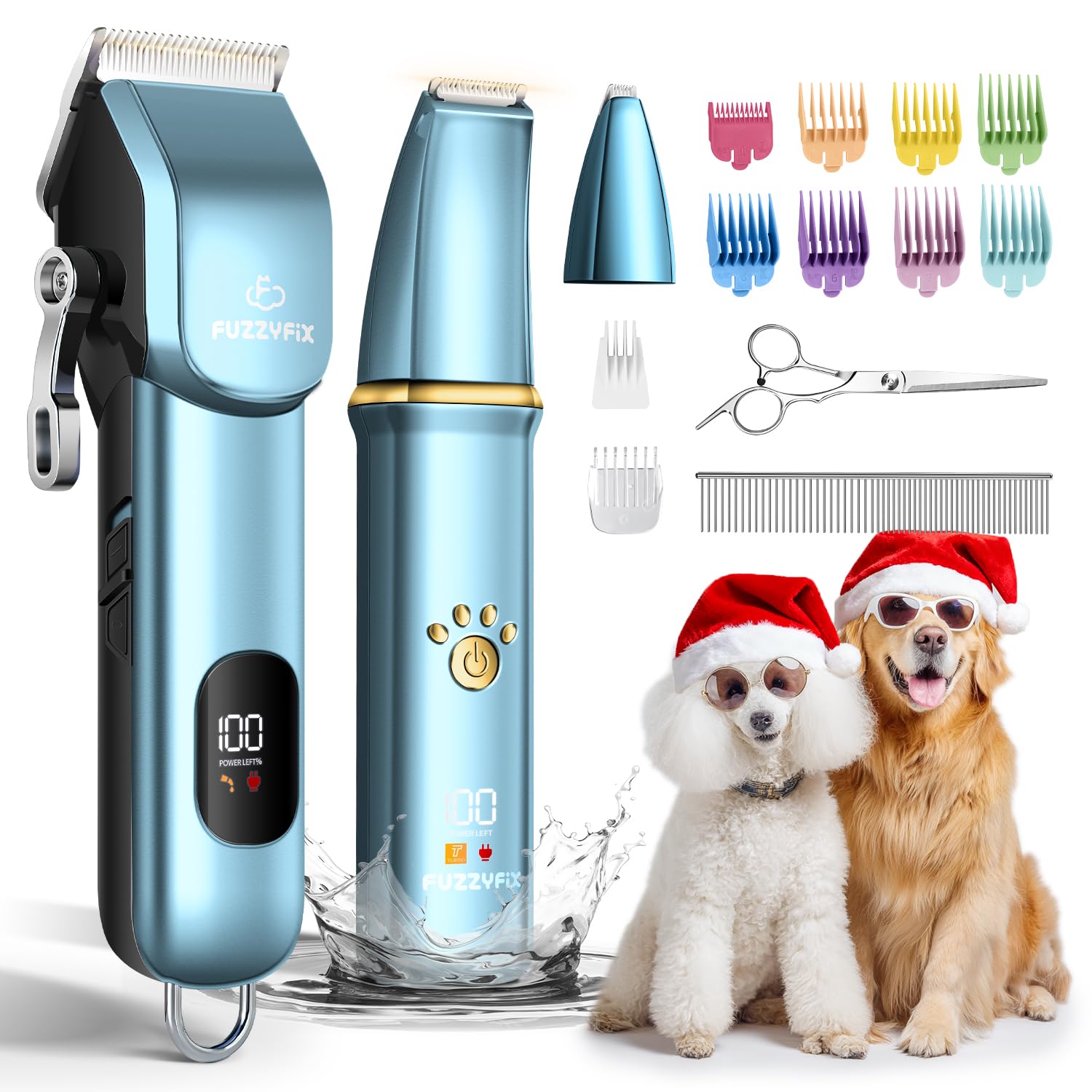 FuzzyFix dog grooming kit cover highlights all-in-one tool for convenient home grooming.
