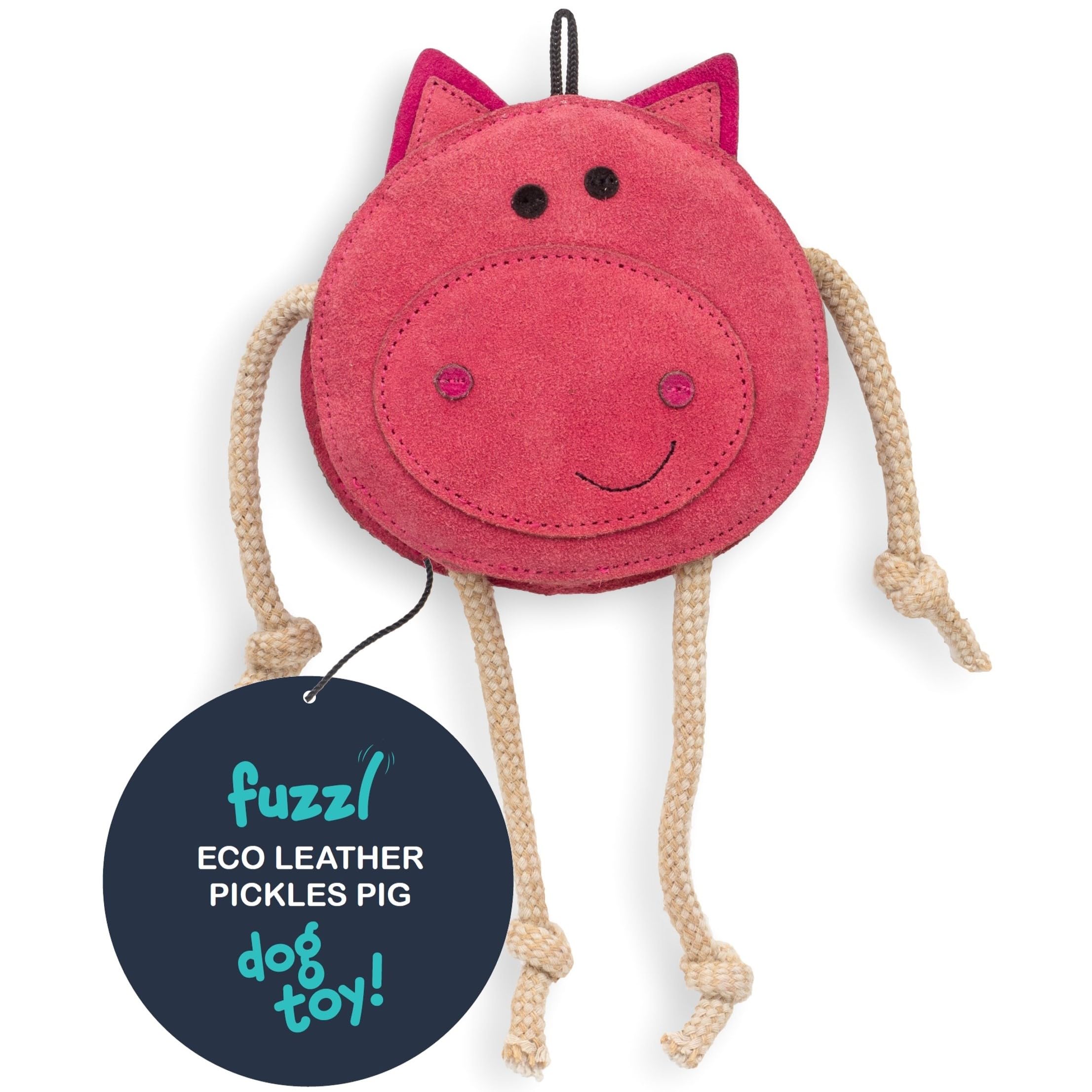 Fuzzl Eco Leather Pickles Pig front view, durable chew toy for aggressive chewers.