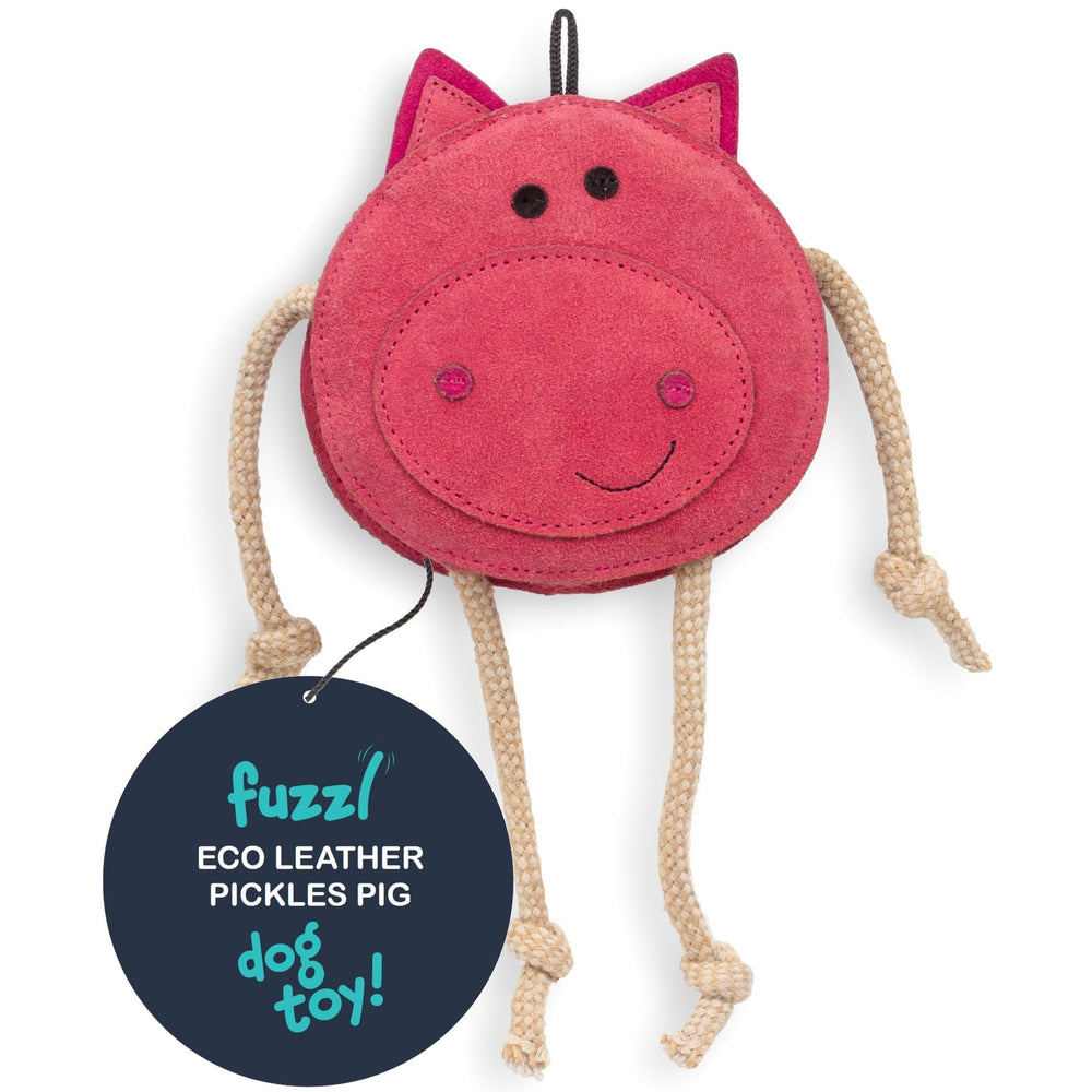 Fuzzl Eco Leather Pickles Pig front view, durable chew toy for aggressive chewers.