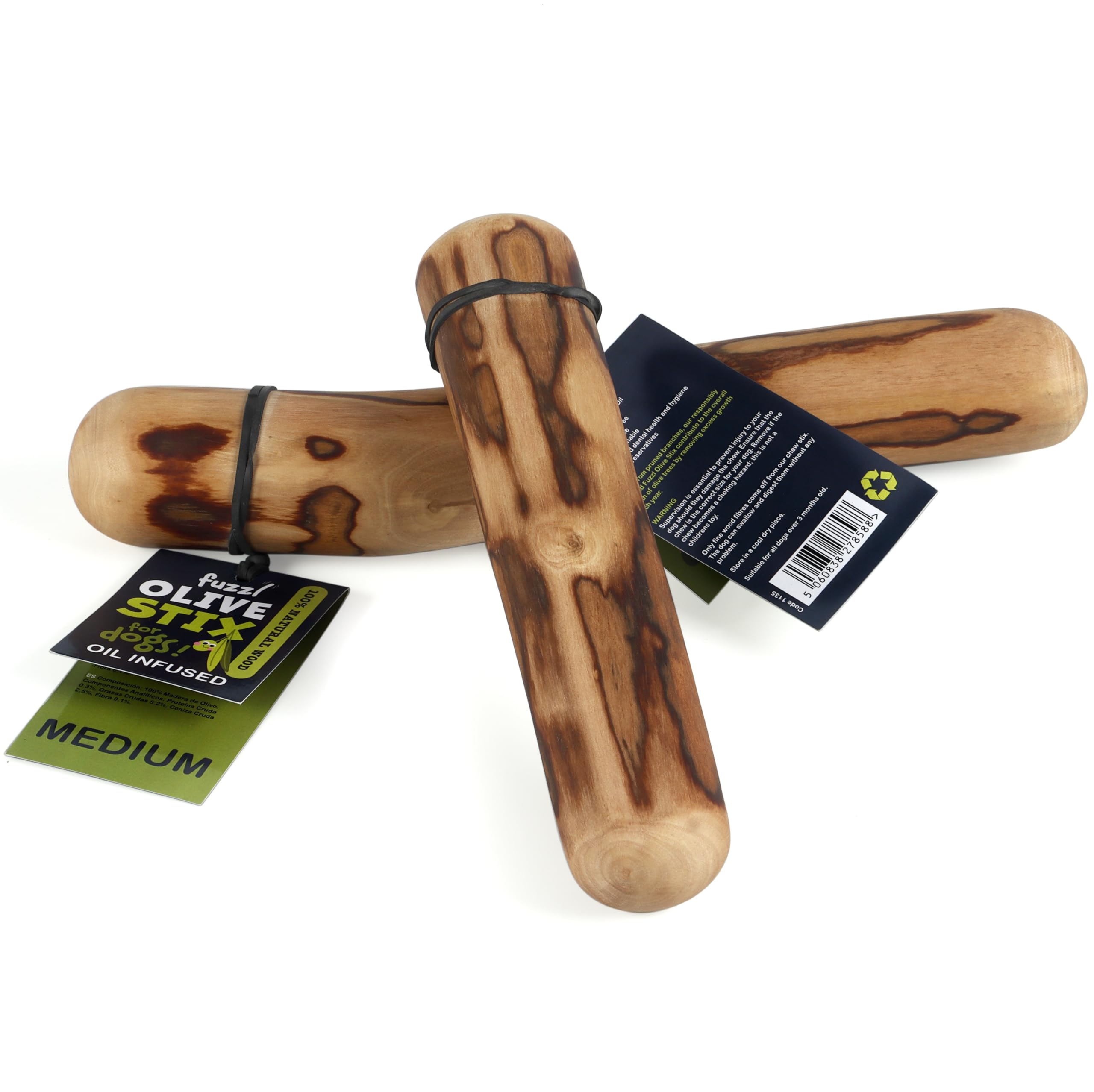 Fuzzl Olive Stix Medium 2 Pack closeup olive wood grain—durable chew toy for dogs.