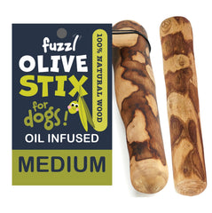 Fuzzl Olive Stix Medium 2 Pack packshot—natural olive wood chews for aggressive chewers.