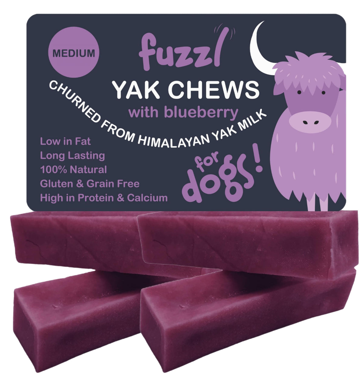 Fuzzl Yak Chews Blueberry 4 Pack – blueberry-flavored dog treats for long-lasting chewing