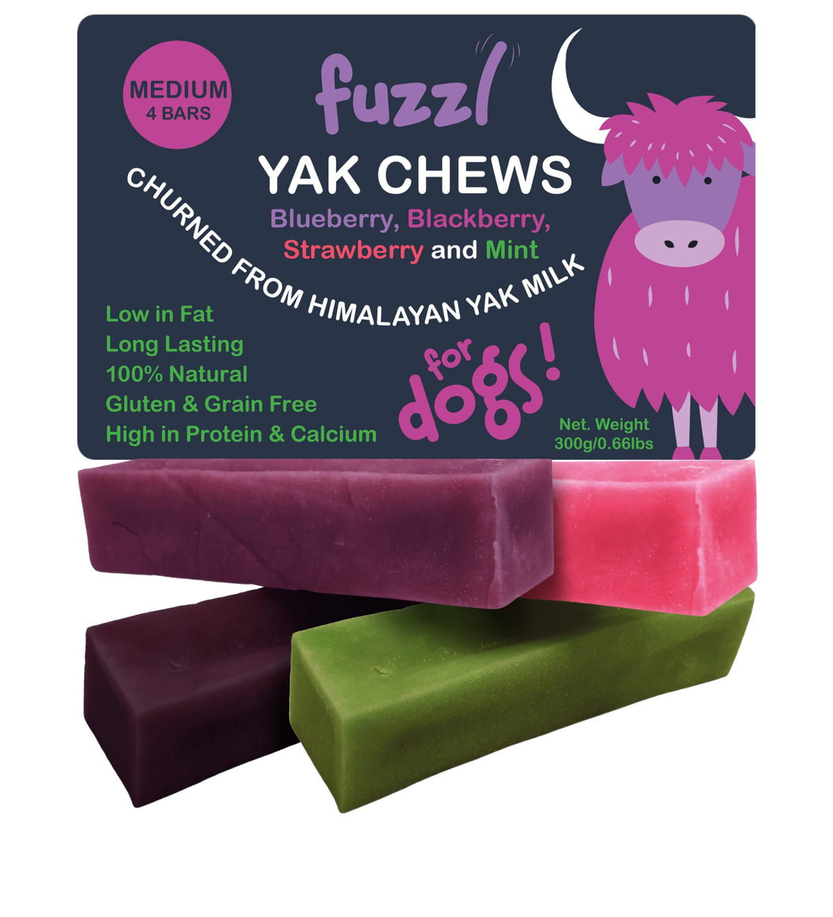 Fuzzl Yak Chews blueberry pack for dogs promotes long-lasting chewing.
