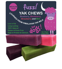 Fuzzl Yak Chews blueberry pack for dogs promotes long-lasting chewing.