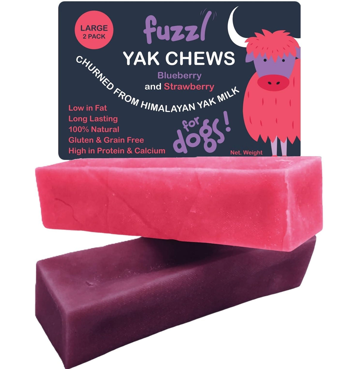 Fuzzl Yak Chews blueberry-strawberry pack shows natural ingredients for dogs