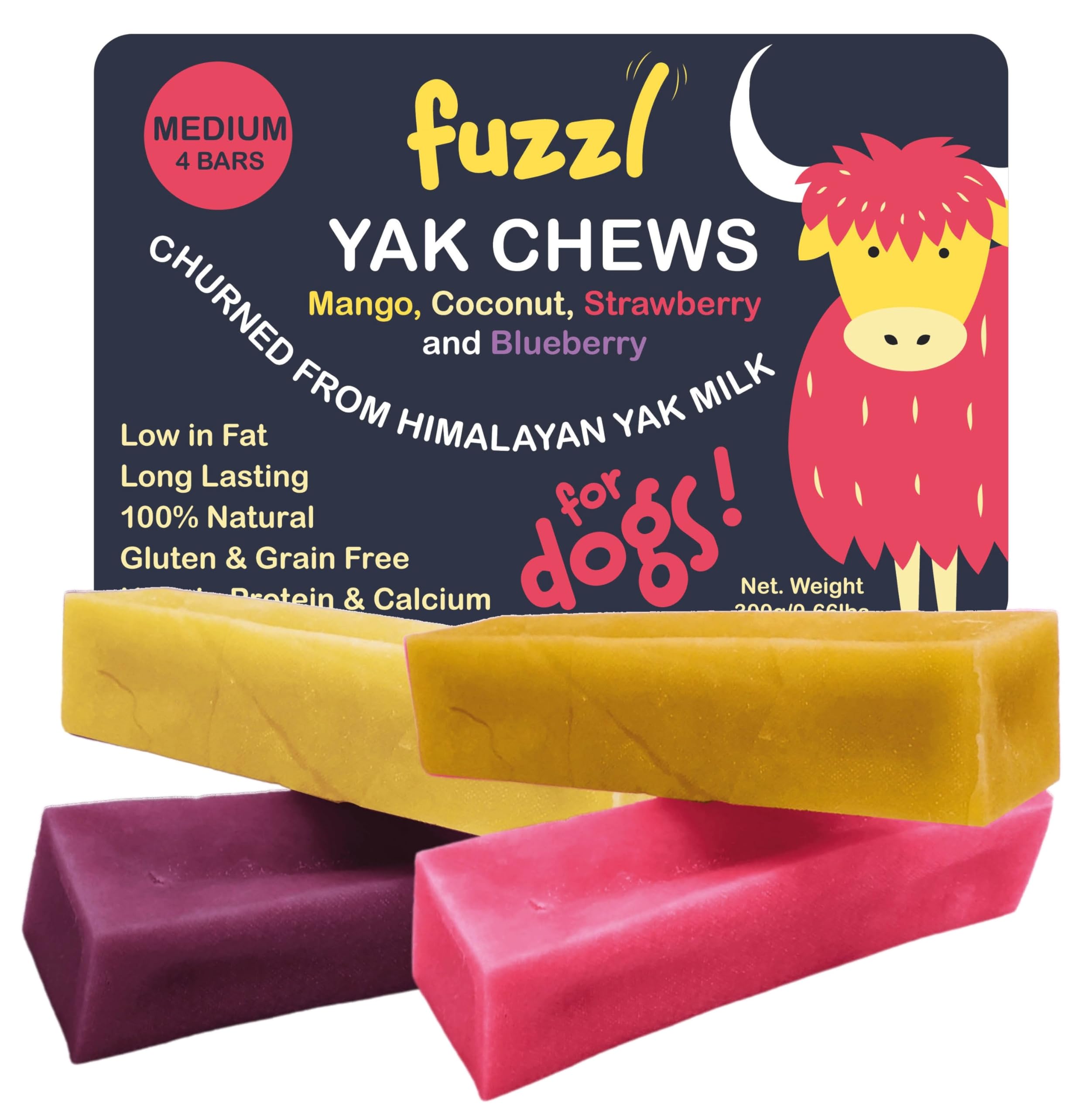Fuzzl Yak Chews packaging emphasizes natural ingredients for a long-lasting dog treat
