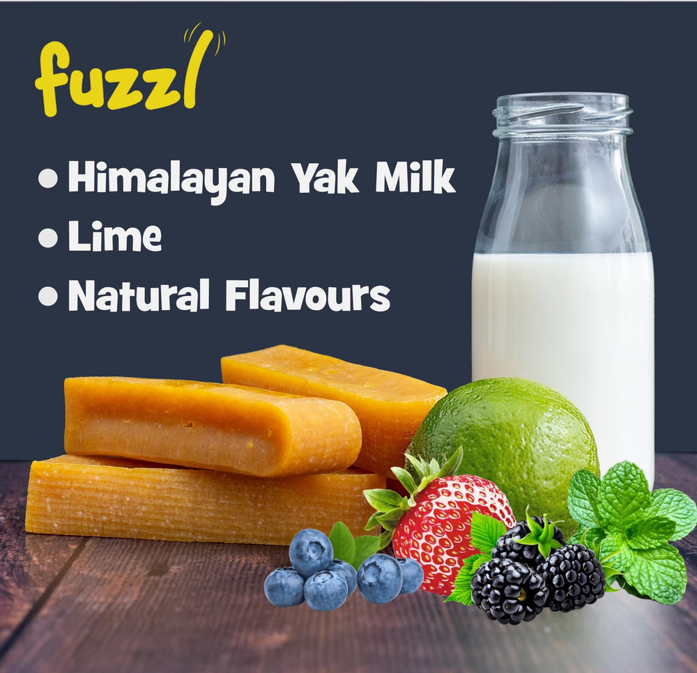 Fuzzl Yak Chews no-hide natural dog treats support dental-like care.