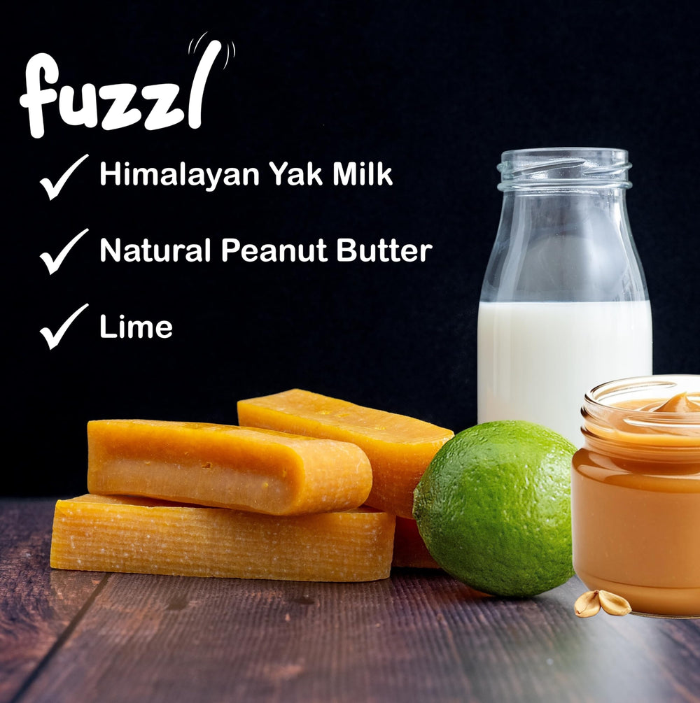 Fuzzl yak chews peanut butter side view - satisfying chew session