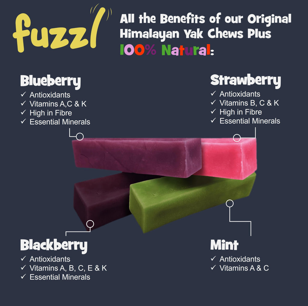 Fuzzl Yak Chews strawberry pack delivers fruity flavor for dogs.