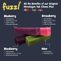 Fuzzl Yak Chews strawberry pack delivers fruity flavor for dogs.