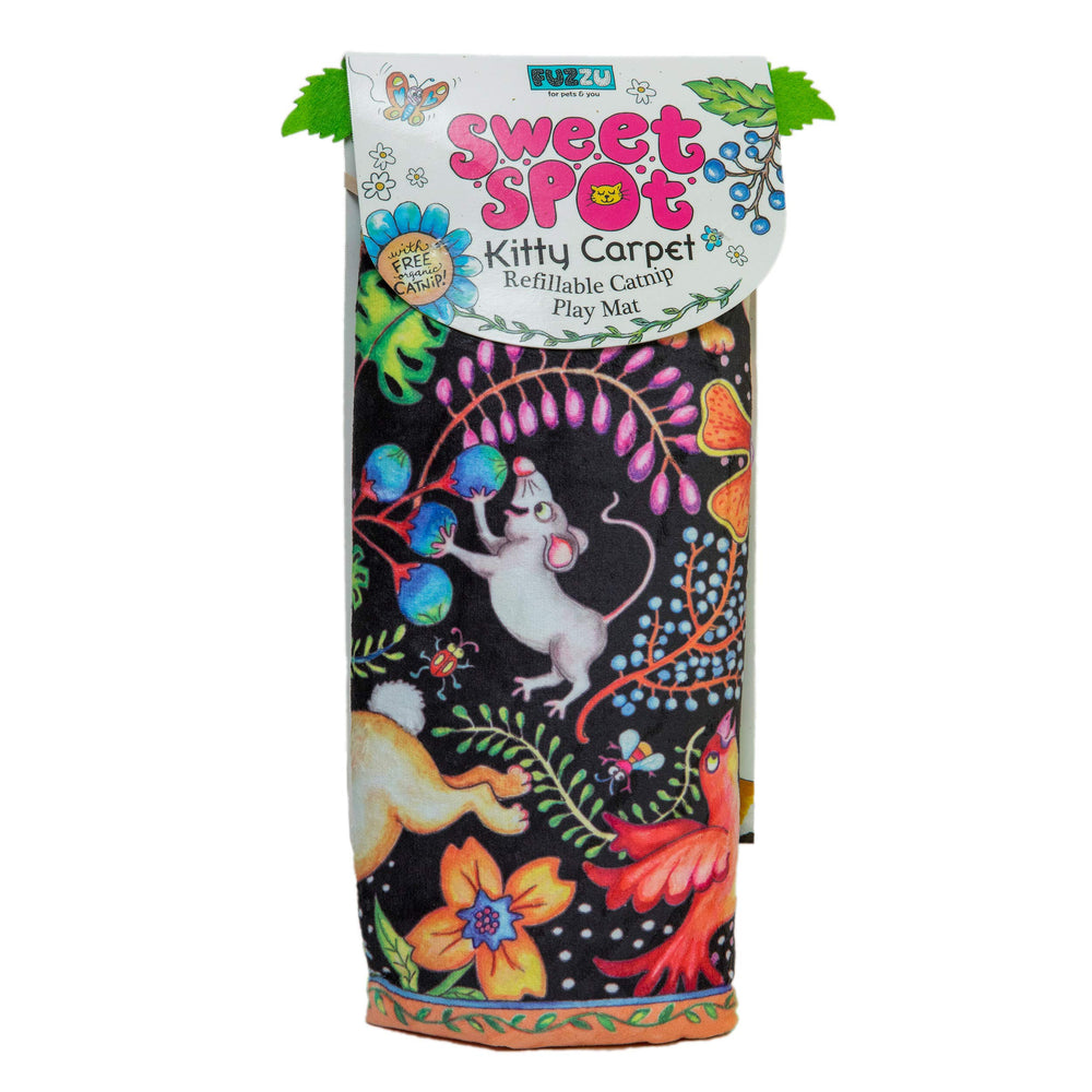 FUZZU Sweet Spot Kitty Carpet play-action scene inviting a curious cat to pounce.
