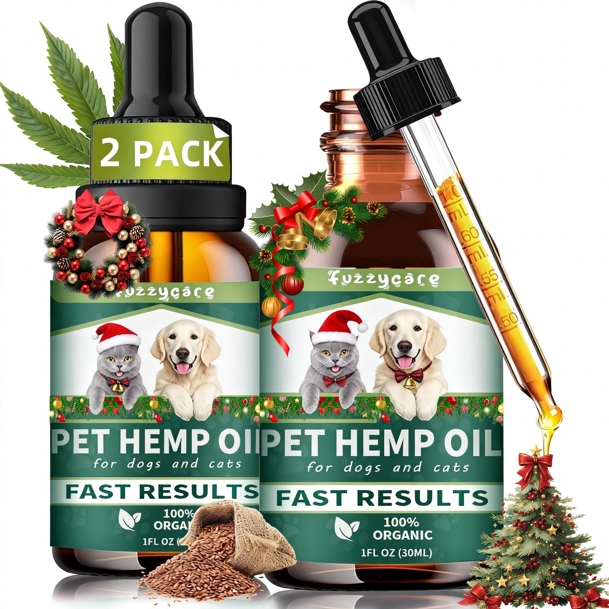 Fuzzycare hemp oil 2-pack bottle-drops calms anxious pets