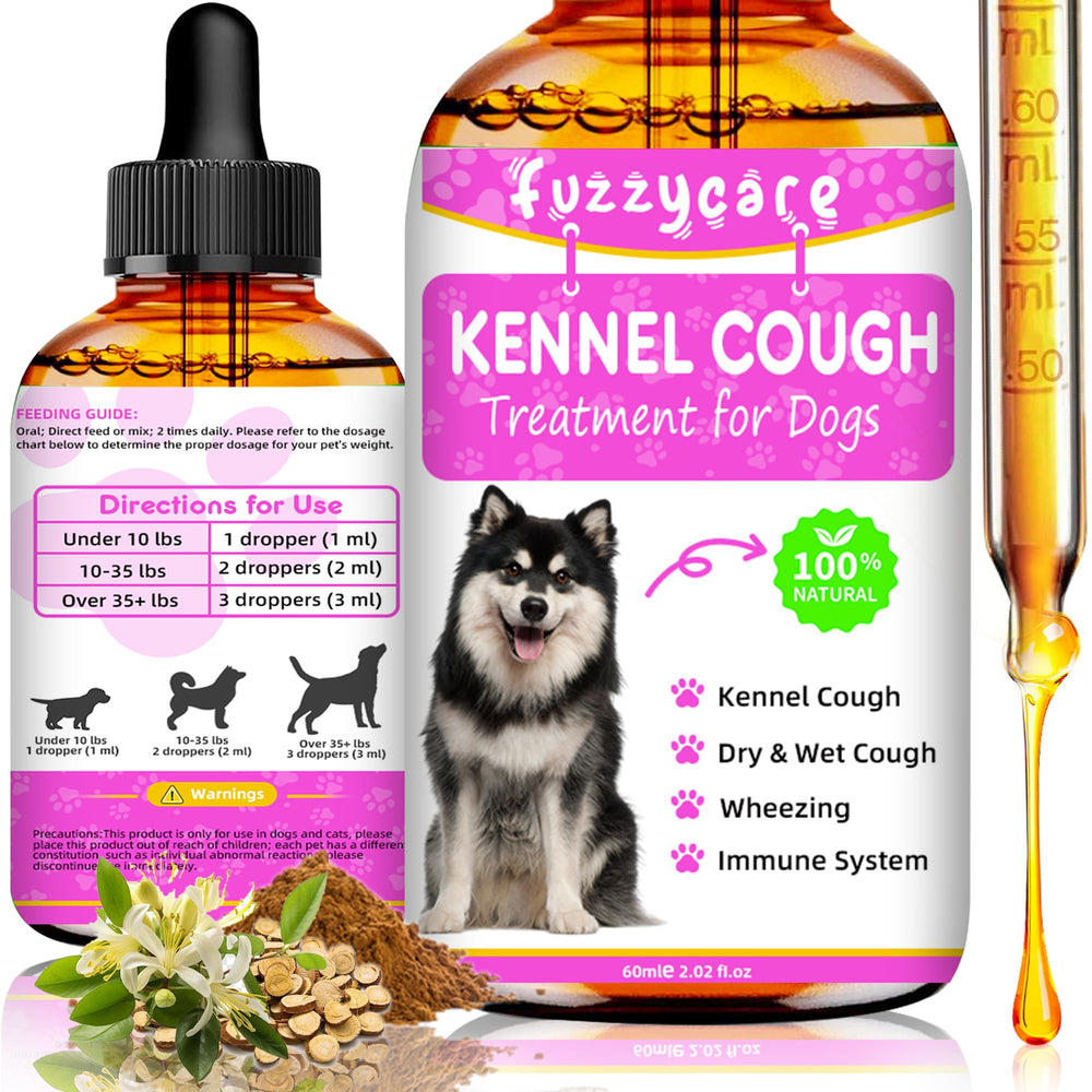 Fuzzycare dog cough drops bottle showing easy dosing and soothing relief