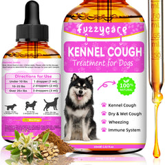 Fuzzycare dog cough drops bottle showing easy dosing and soothing relief
